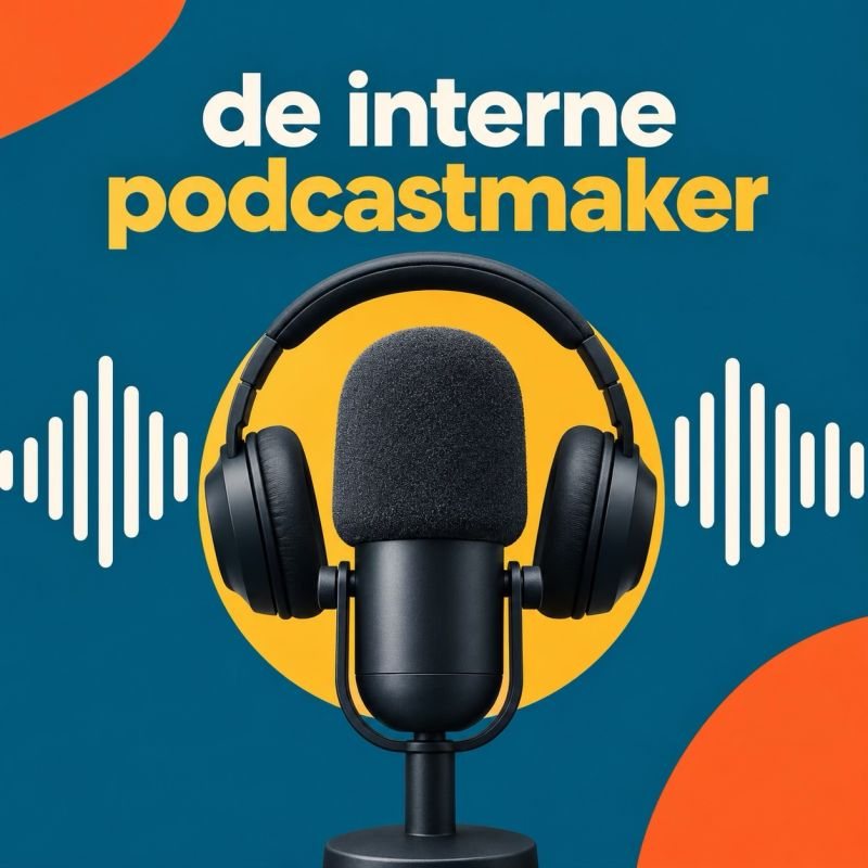 Illustratie: een zwarte microfoon met een koptelefoon eromheen voor een gele cirkel op een blauwe achtergrond, met geluidsgolven en de tekst de interne podcastmaker
