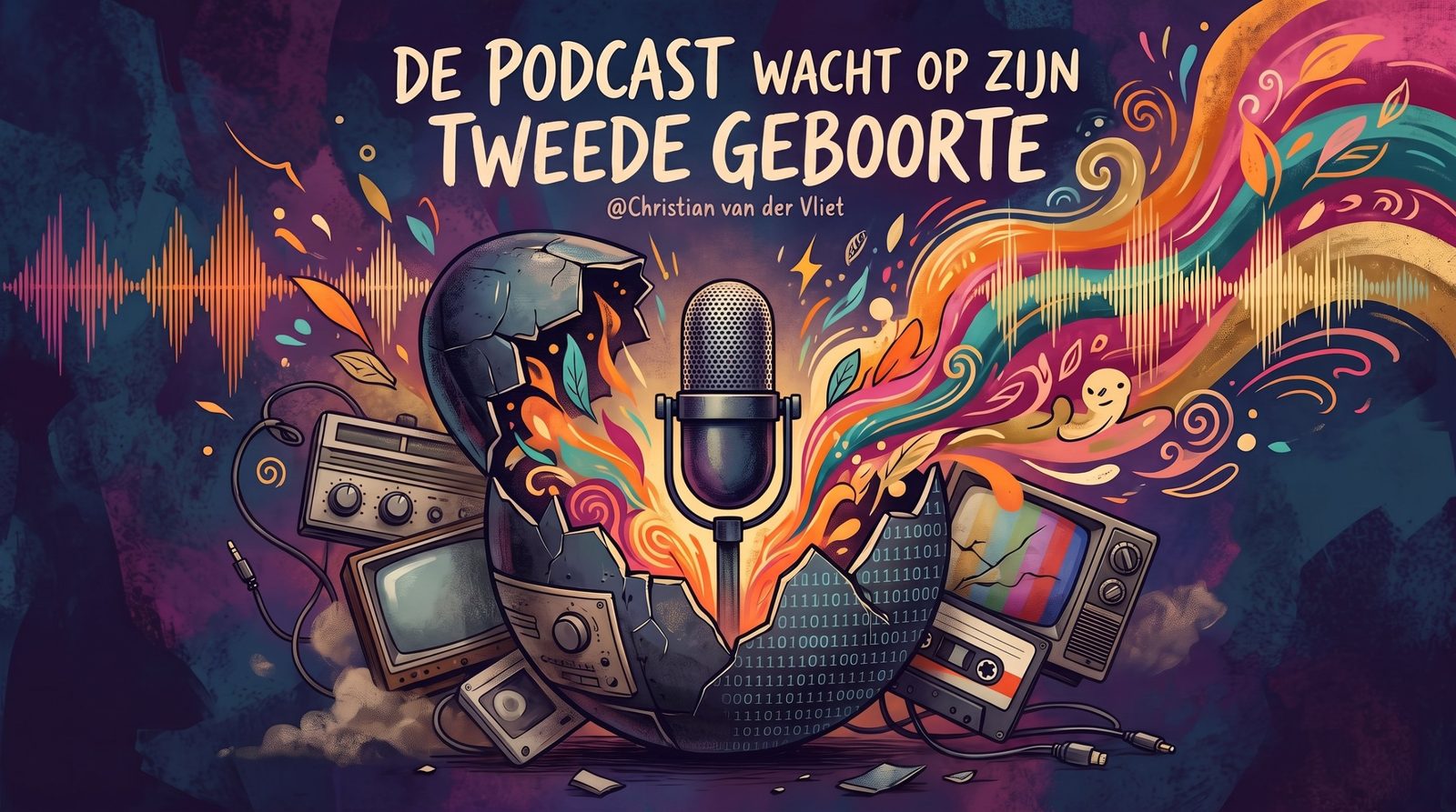 Illustratie: een microfoon breekt uit een gebarsten ei, omringd door oude radio’s, televisies, een cassettebandje en enen en nullen, met kleurrijke geluidsgolven die naar rechts wegstromen