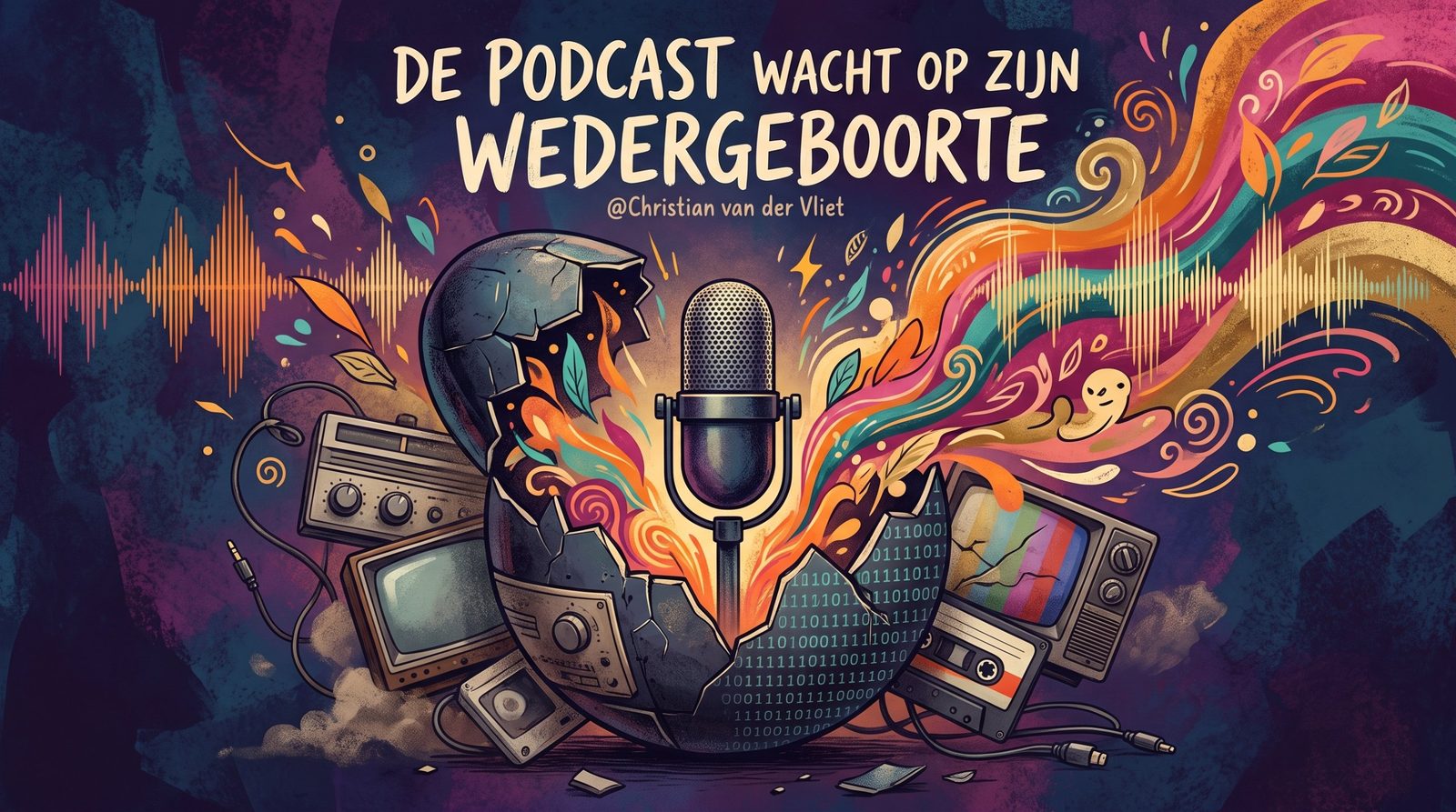 Illustratie: een microfoon breekt uit een gebarsten ei, omringd door oude radio’s, televisies, een cassettebandje en enen en nullen, met kleurrijke geluidsgolven die naar rechts wegstromen