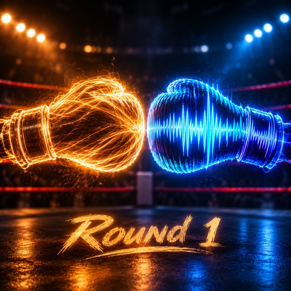 Illustratie: een gloeiende gouden en een blauwe bokshandschoen, opgebouwd uit geluidsgolven, raken elkaar in een boksring, met daaronder de tekst Round 1