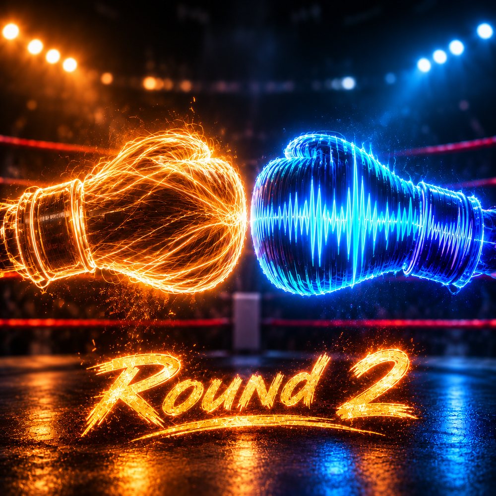 Illustratie: een gloeiende gouden en een blauwe bokshandschoen, opgebouwd uit geluidsgolven, raken elkaar in een boksring, met daaronder de tekst Round 2